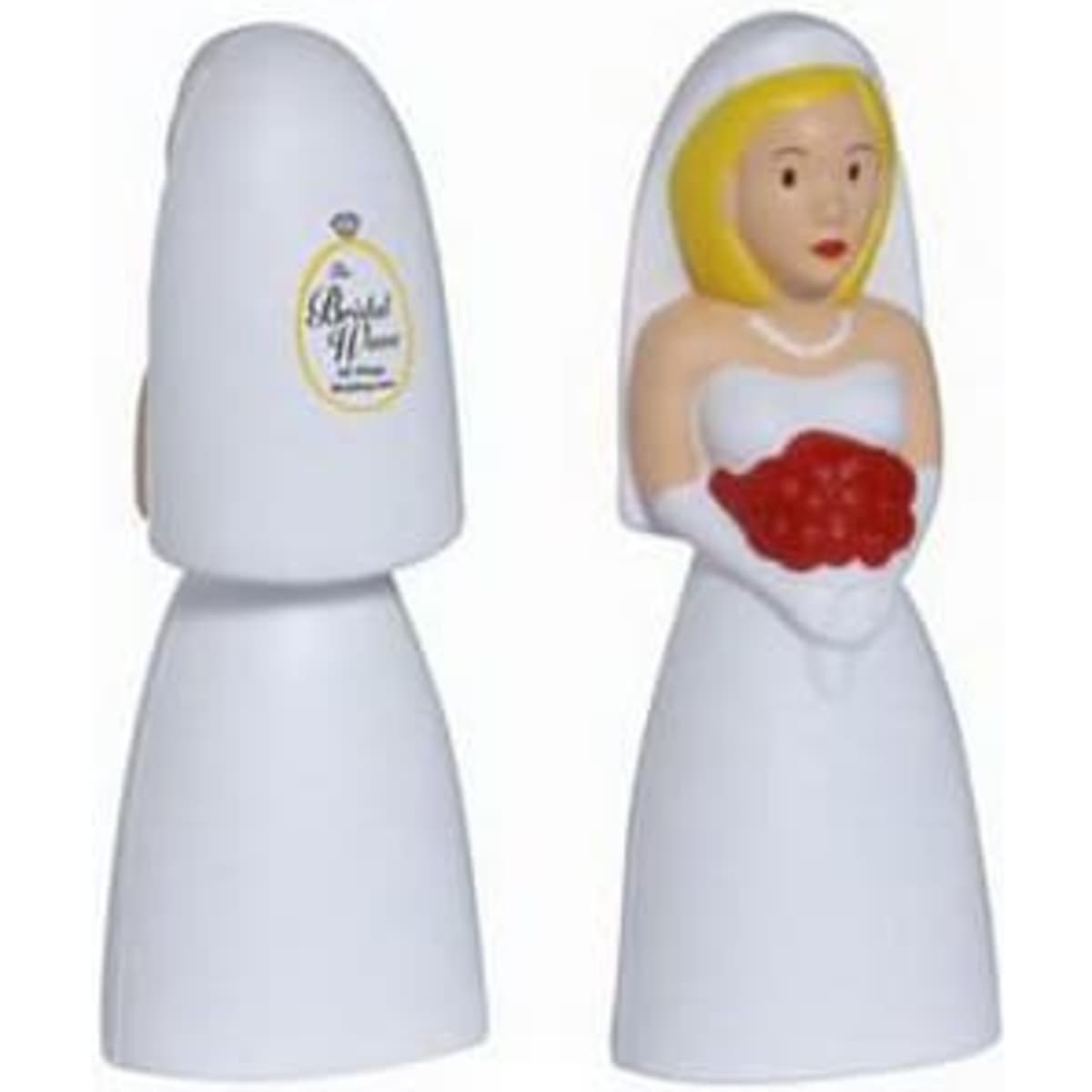 A white wedding dress stress reliever shaped like a bride holding a bouquet, featuring a logo on one side.
