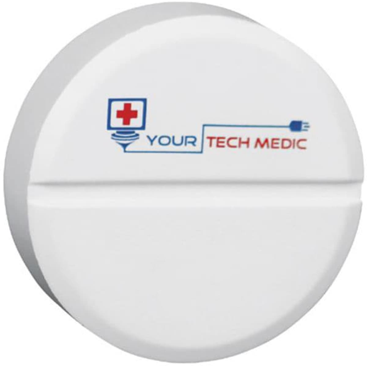 A round, white tablet-shaped stress reliever with a logo printed on the front.
