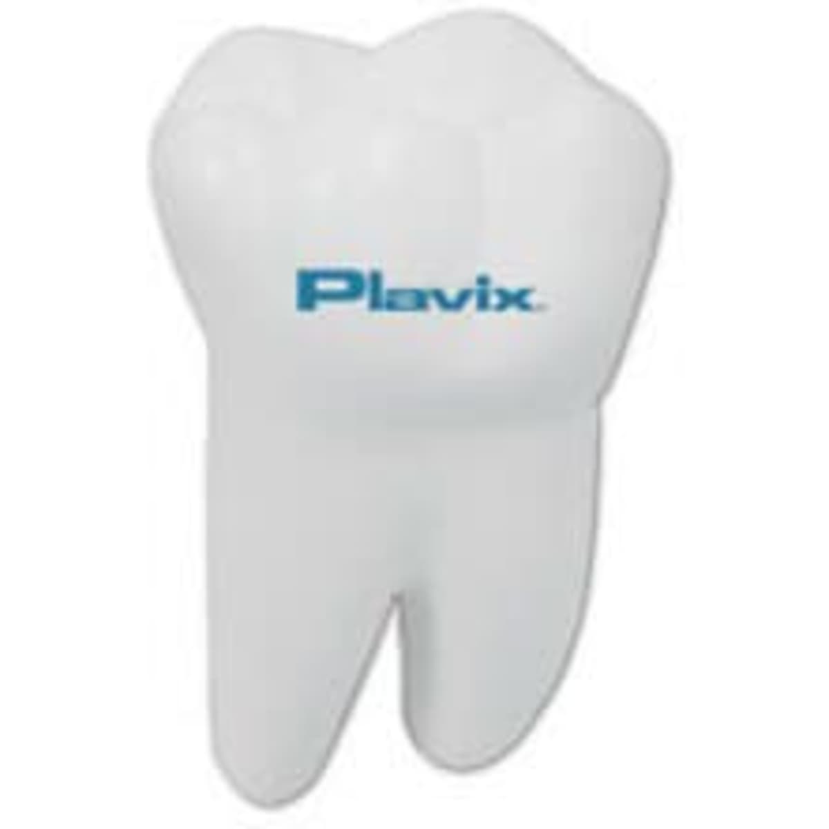A large white tooth-shaped stress reliever with a logo on it, designed as a keyring.
