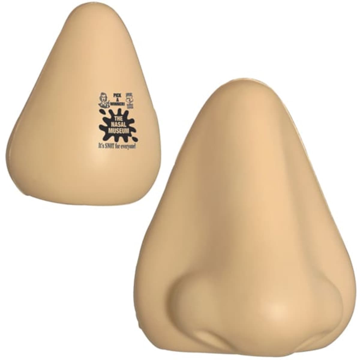 A large, beige stress reliever shaped like a nose, featuring a logo on one side.