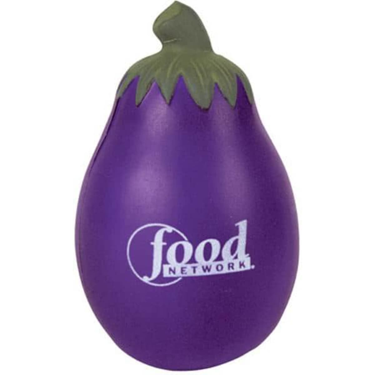 A purple eggplant-shaped stress reliever with a green top and a logo.
