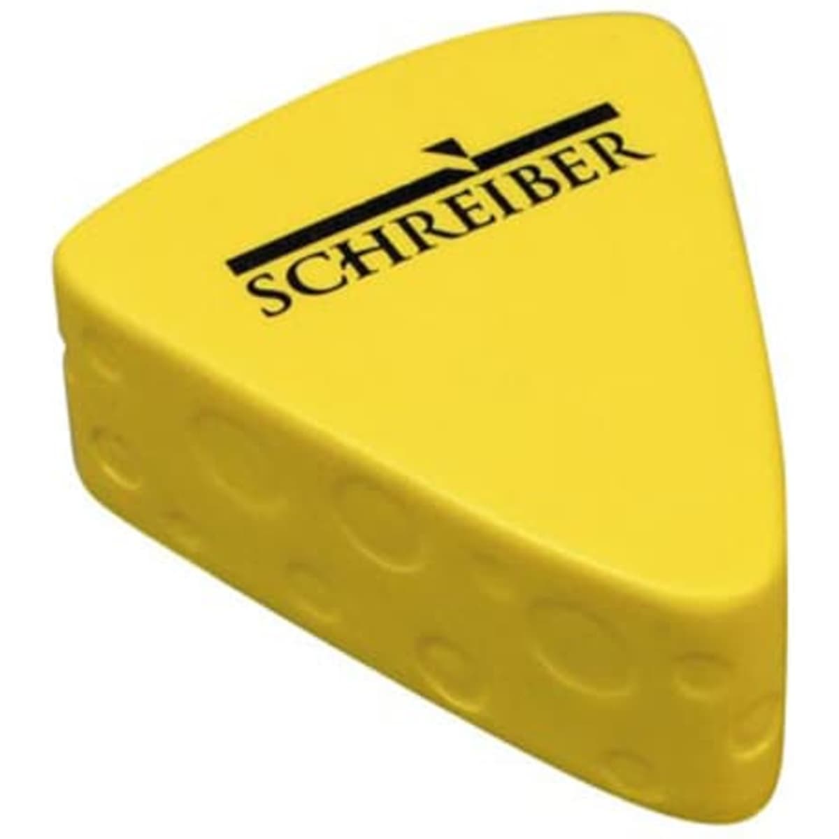 A yellow cheese-shaped stress reliever with embossed dots and a logo on top.