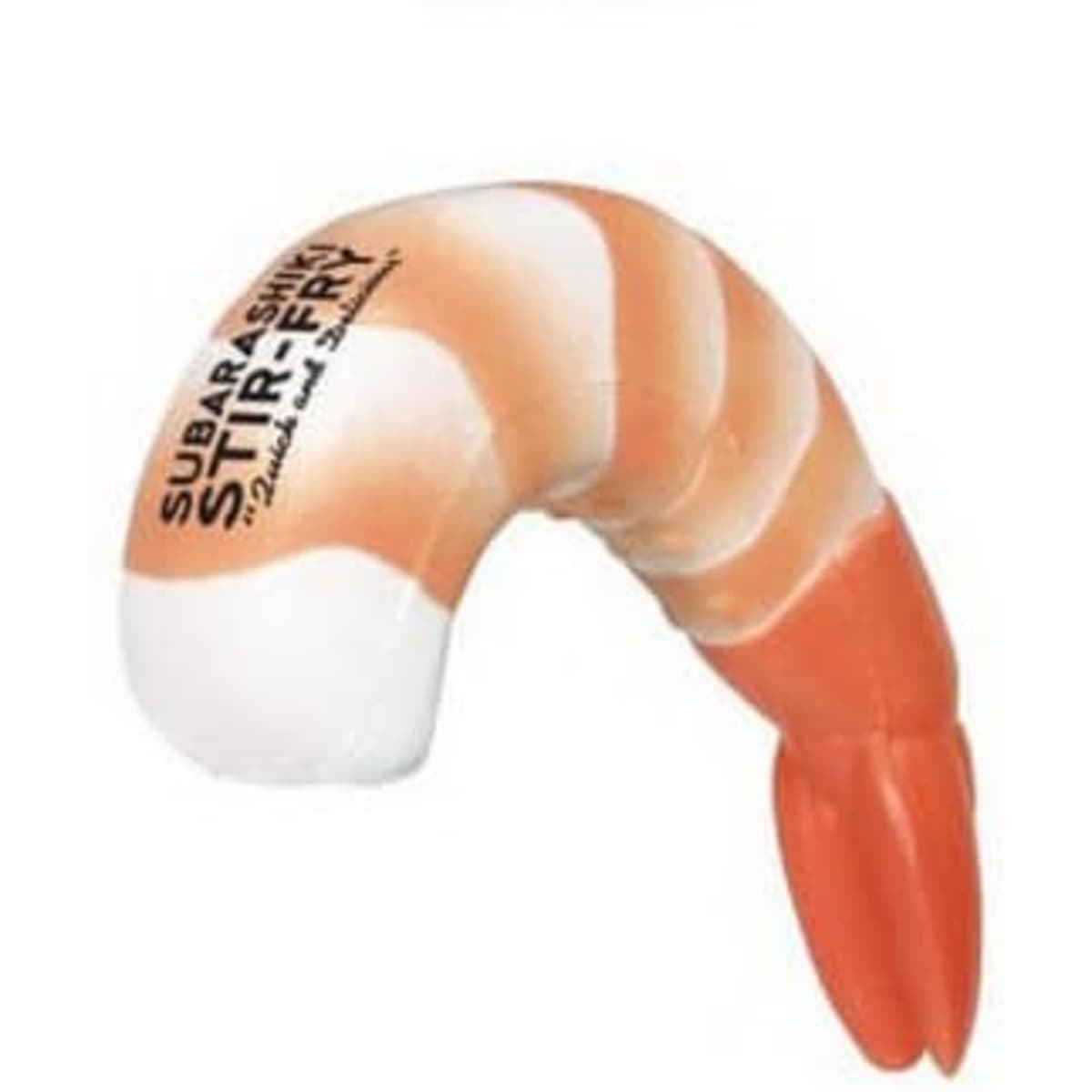 A shrimp-shaped stress reliever in orange and white with a logo. Ideal for fun and games.