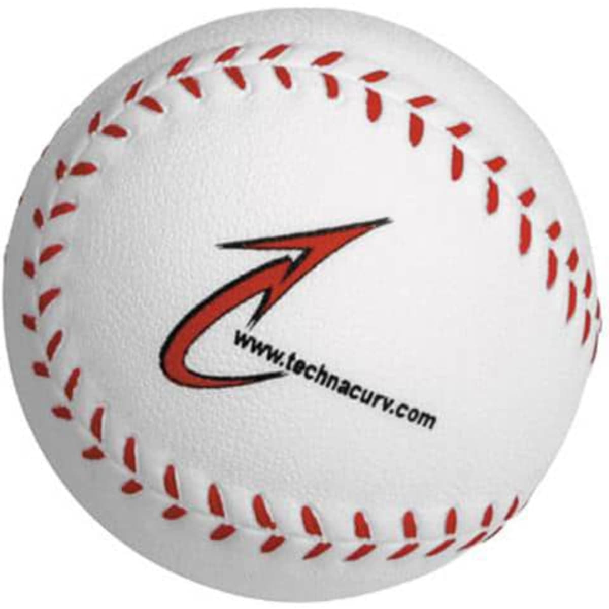 A white baseball-shaped stress reliever with red stitching and a logo on one side.