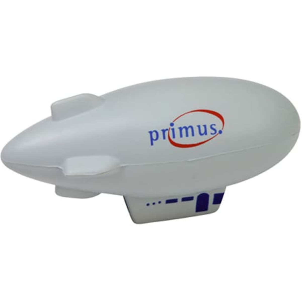 A white zeppelin-shaped stress reliever with a branding logo on the side.