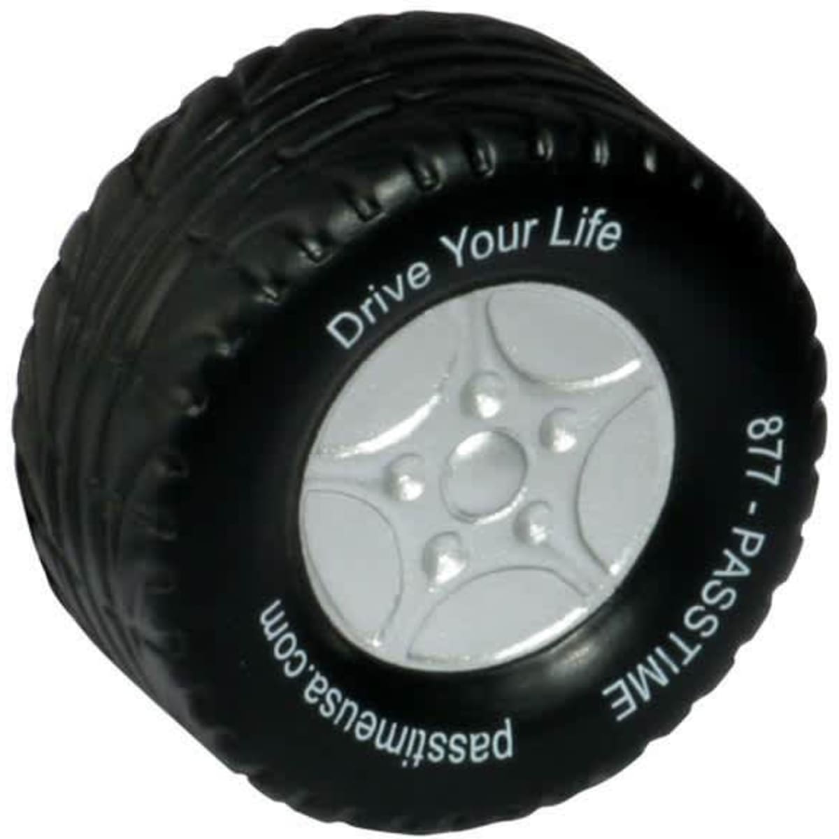 A black tire-shaped stress reliever with a silver wheel design and a logo on the side.