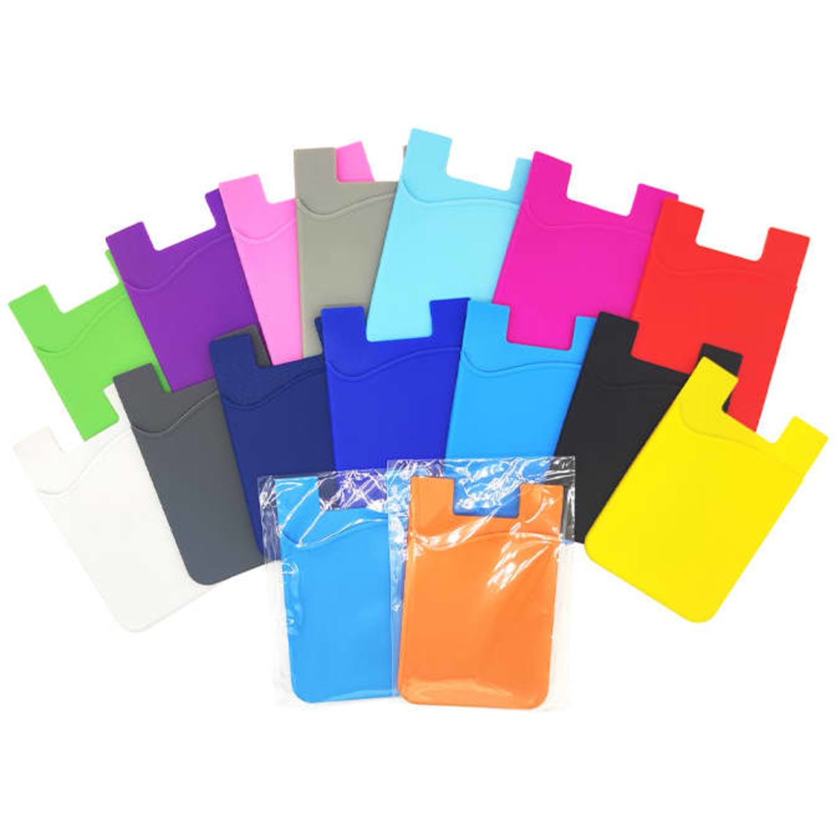 A collection of silicone cell phone wallets in various colours, including pink, blue, green, and black, with some packaged.