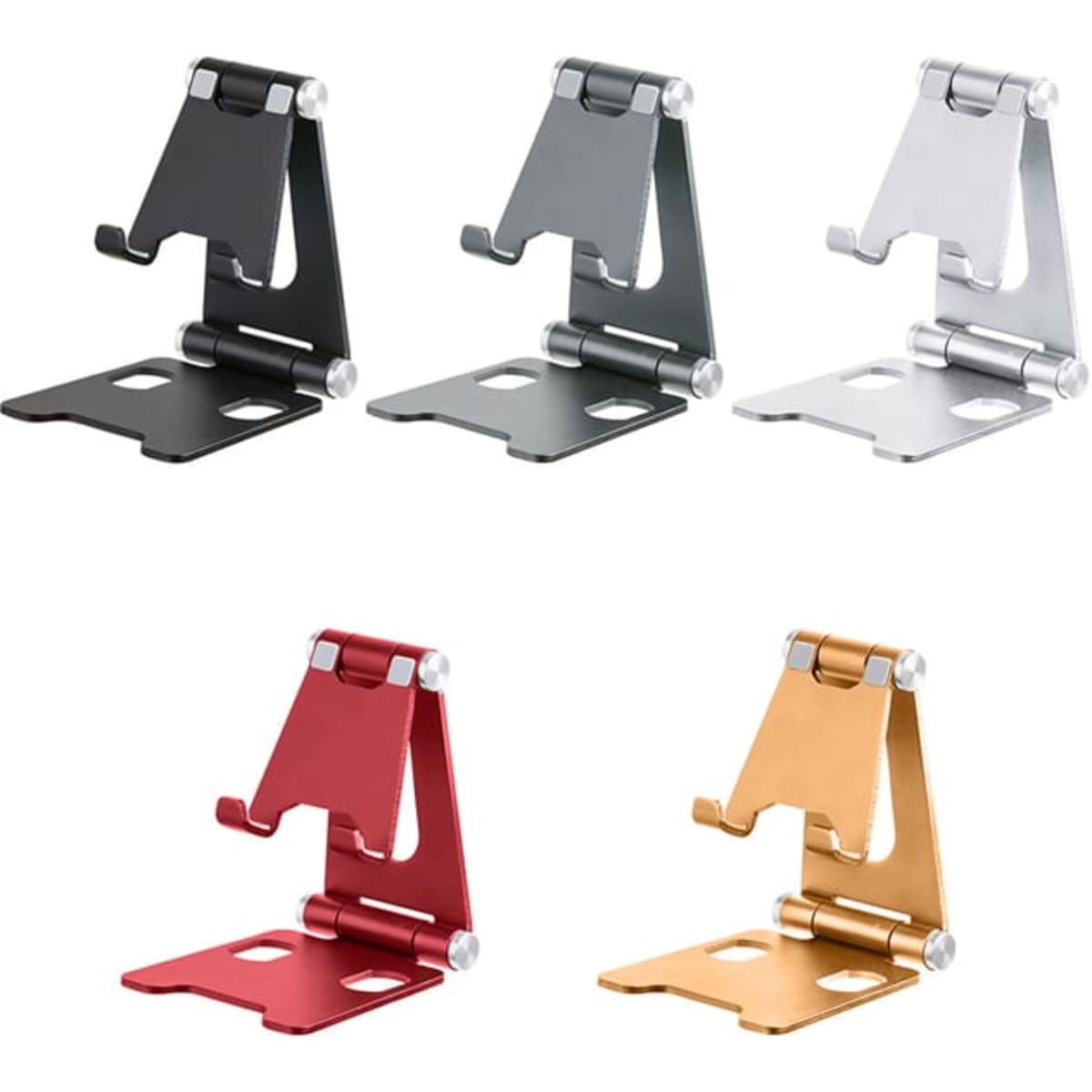 A desktop cell phone and tablet stand holder in black, silver, gold, and red, featuring a sleek design and adjustable features.
