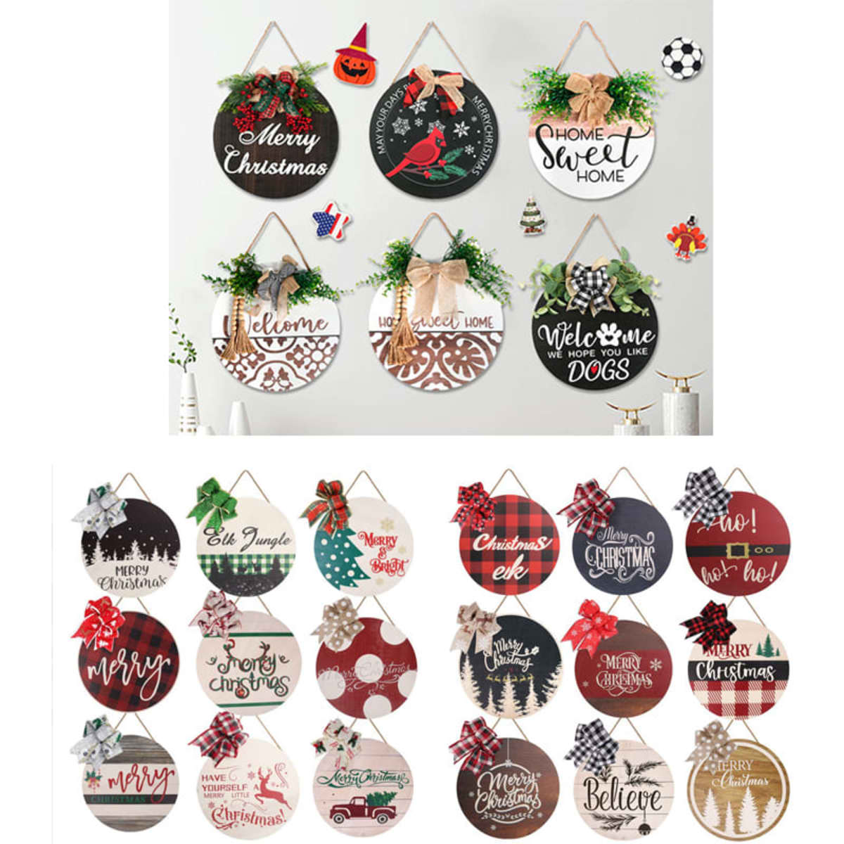 A collection of custom round door wreaths in various colours and festive designs, featuring holiday-themed decorations and messages.
