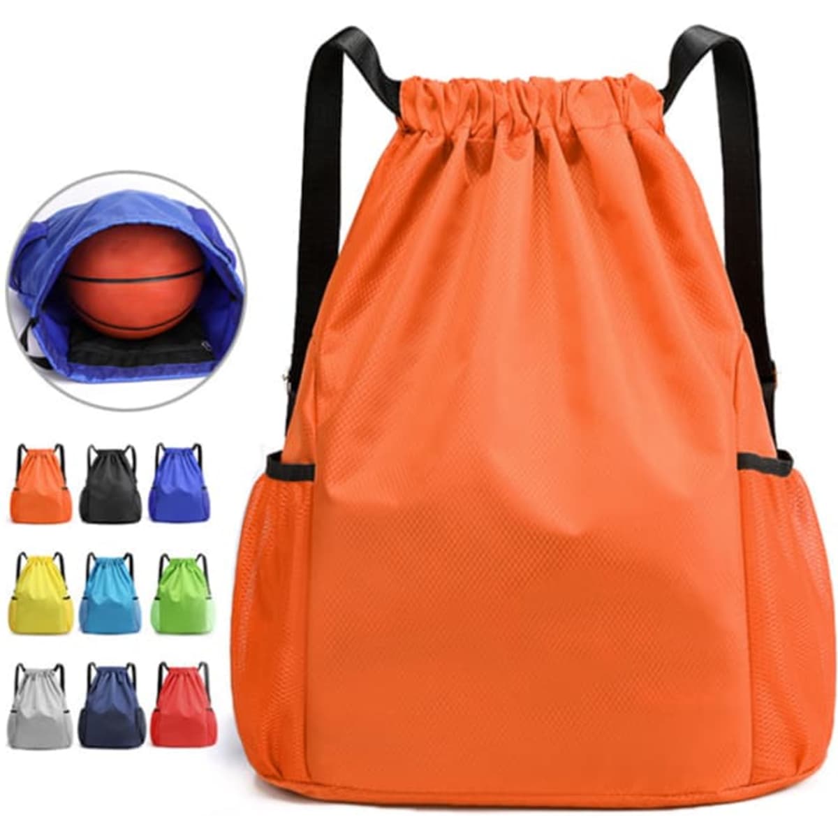 An orange drawstring travel backpack featuring side pockets, with a selection of other colours shown alongside.