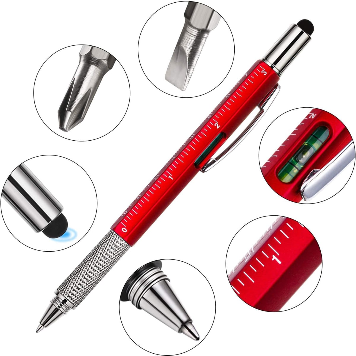 A red multi-tool ballpoint pen featuring a ruler, level gauge, and interchangeable screw heads, with a metallic clip.