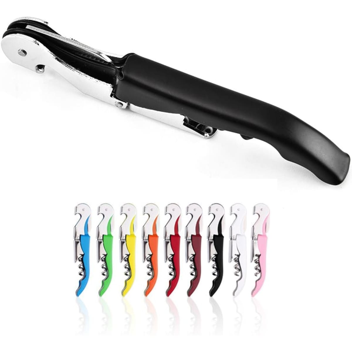 A metal wine opener in black with a sleek handle and a variety of colourful wine openers arranged below.