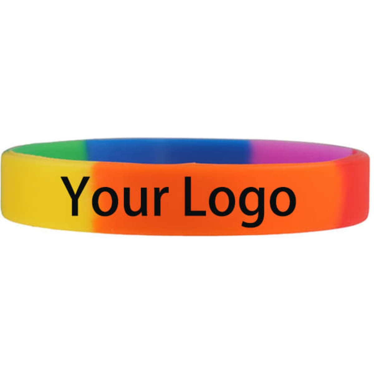 A multi-coloured Gay Pride bracelet featuring a logo.
