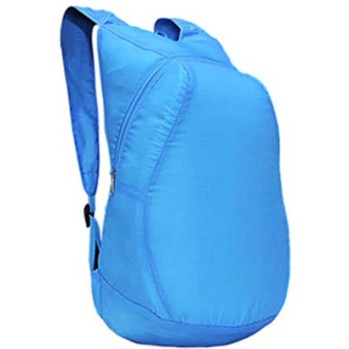 A lightweight, water-resistant, foldable backpack in bright blue with adjustable straps and a zippered compartment.