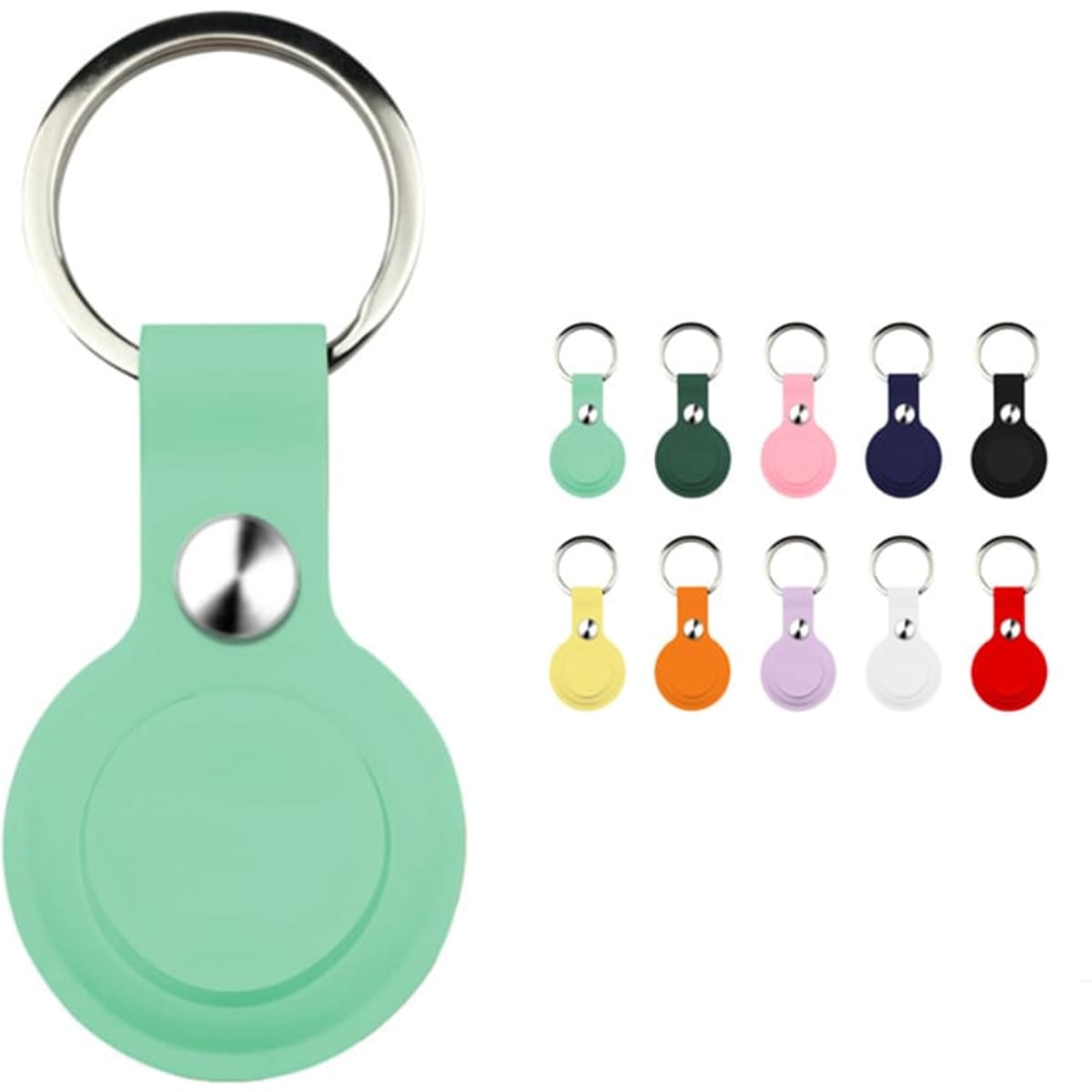 A mint green silicone AirTag case with a metal keyring, surrounded by various coloured cases in a row.
