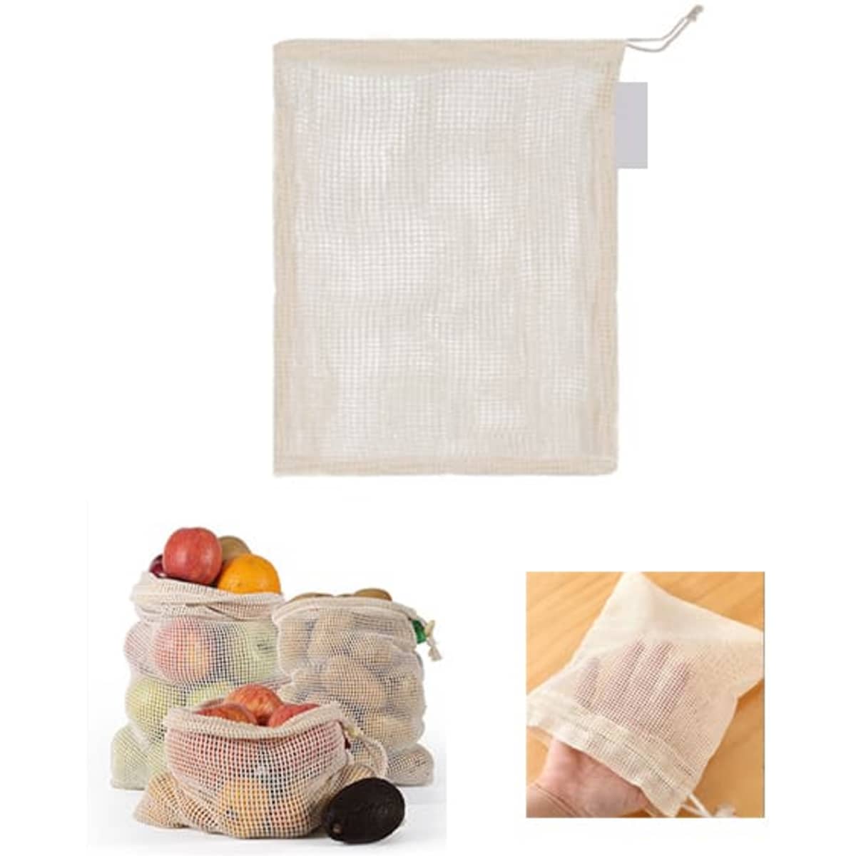 Reusable mesh produce bags with drawstring, available in cream colour, showcasing multiple bags with fruits inside.