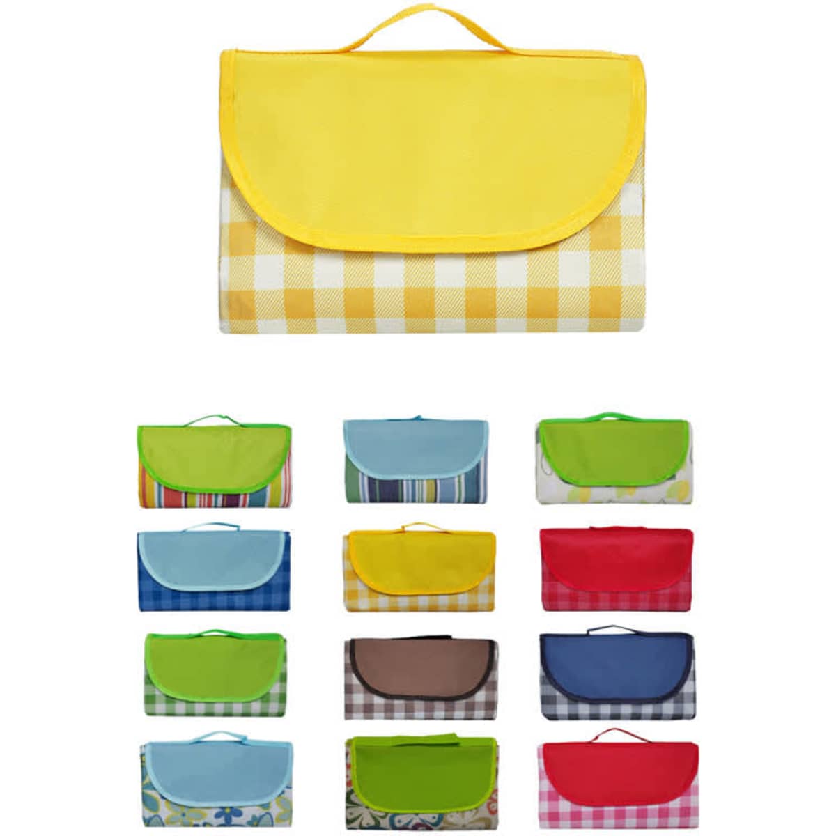 A collection of extra large waterproof picnic blankets in various colours and patterns, featuring handles for easy carrying.