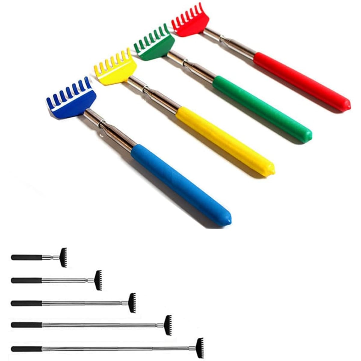 A set of four retractable back scratchers with colourful handles in blue, green, yellow, and red.