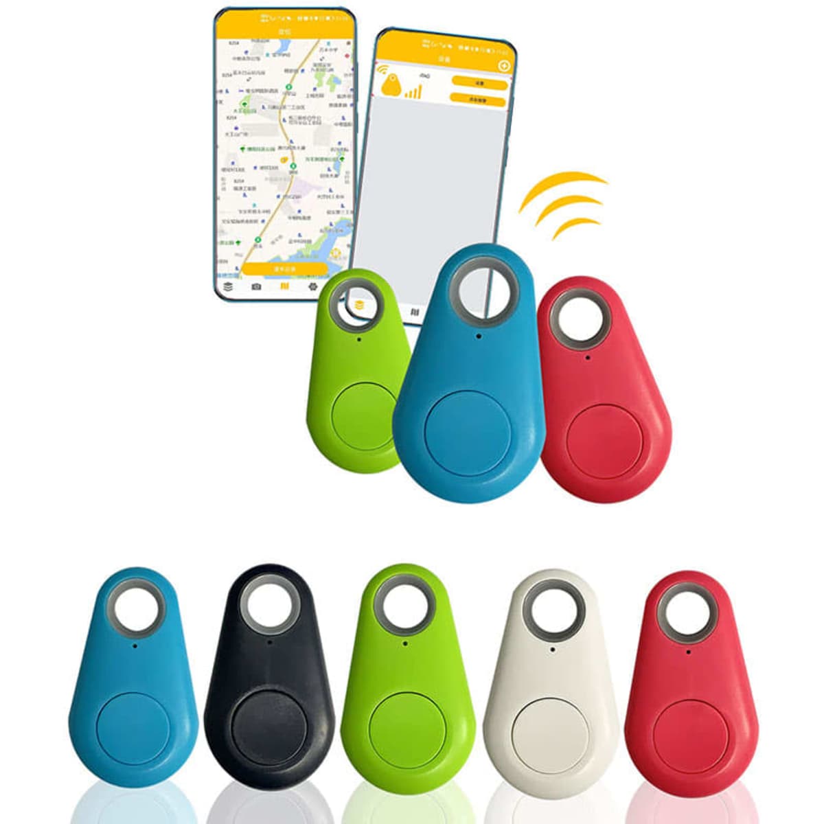 Colourful wireless Bluetooth smart trackers in various colours, with a smartphone displaying a tracking app in the background.