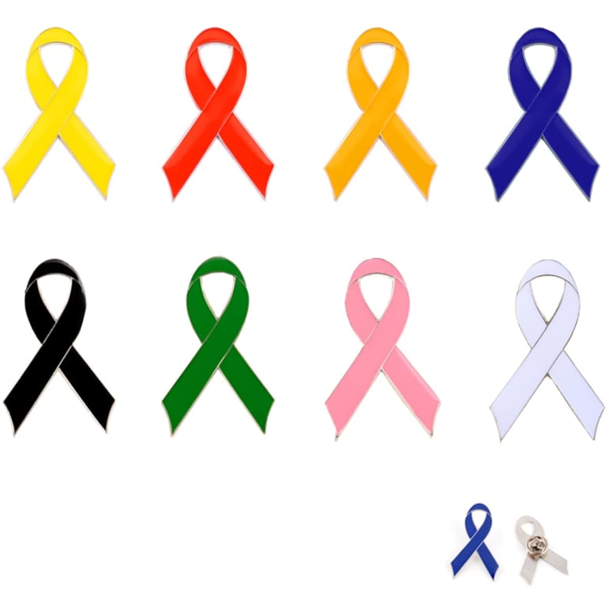 A collection of ribbon metal lapel pins in yellow, red, orange, blue, black, green, pink, and white.