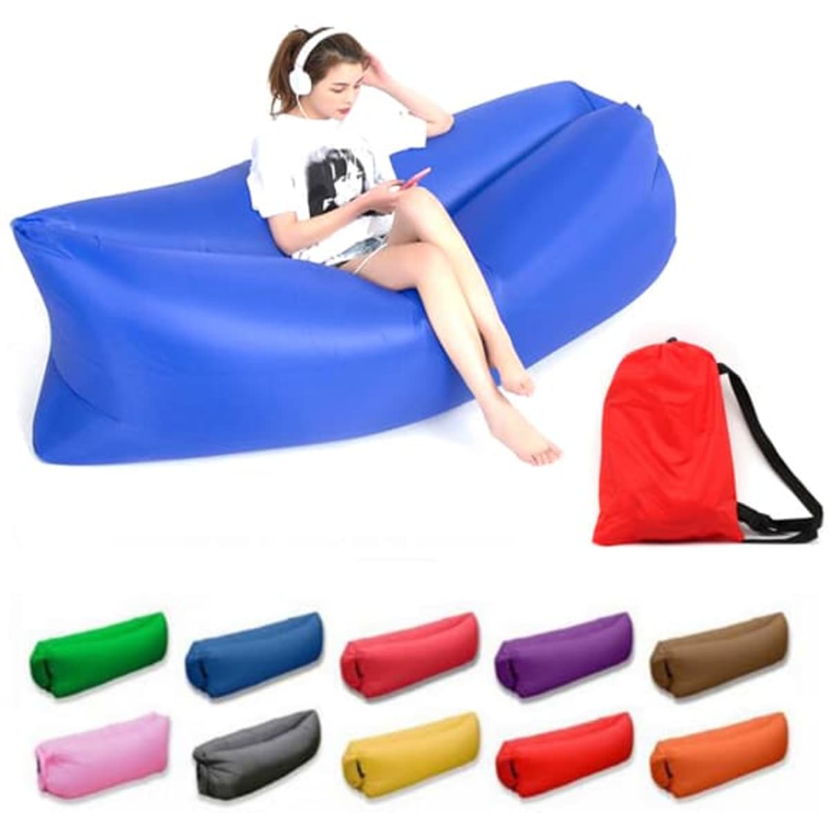 A blue inflatable air lounger sofa with a person seated, accompanied by a red carrying bag and various colour options below.