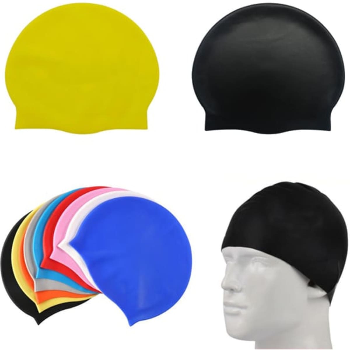 A collection of silicone swimming caps in yellow, black, blue, and various other colours, displayed on a white background.