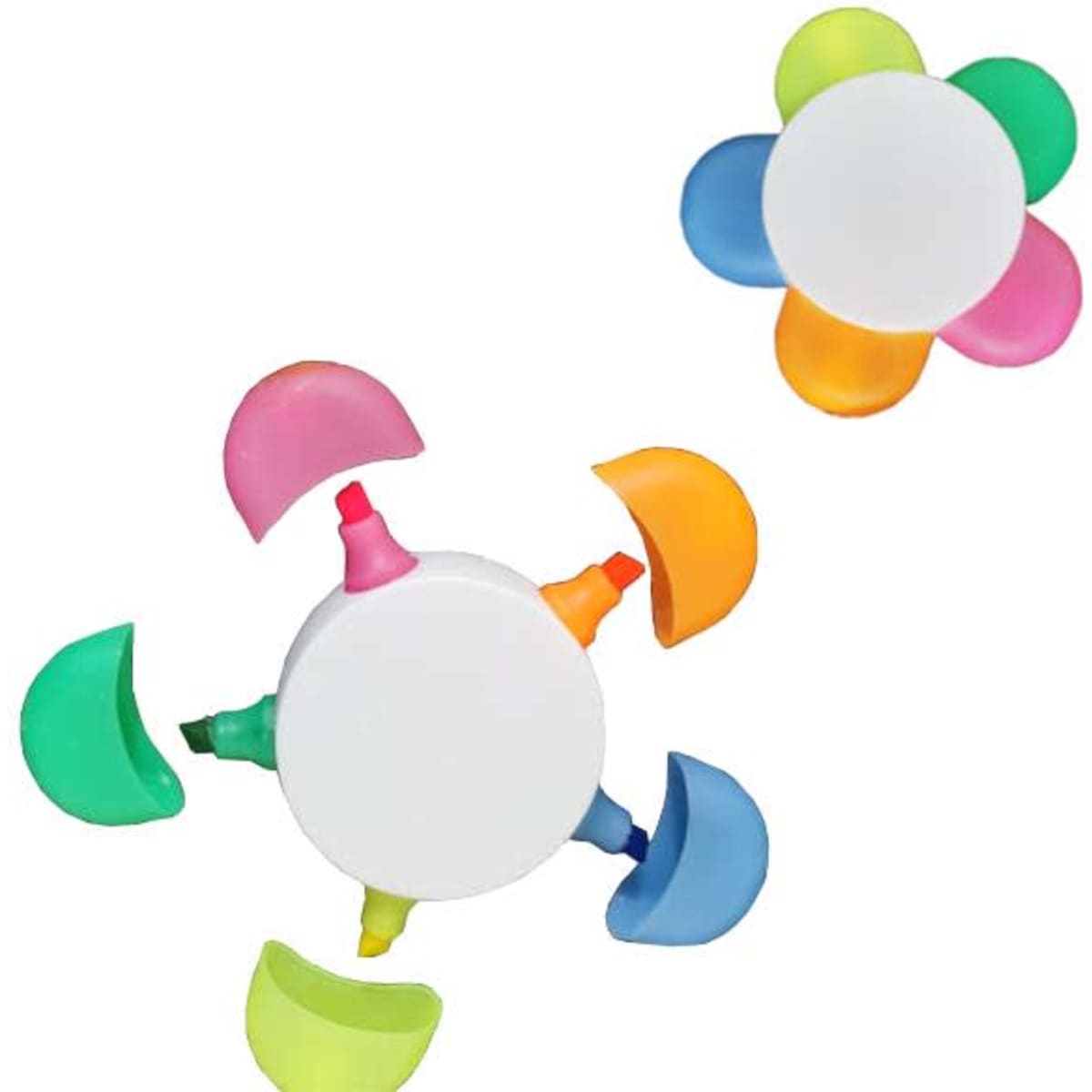 A circular highlighter set featuring five colours: green, pink, orange, yellow, and blue, with a white base.