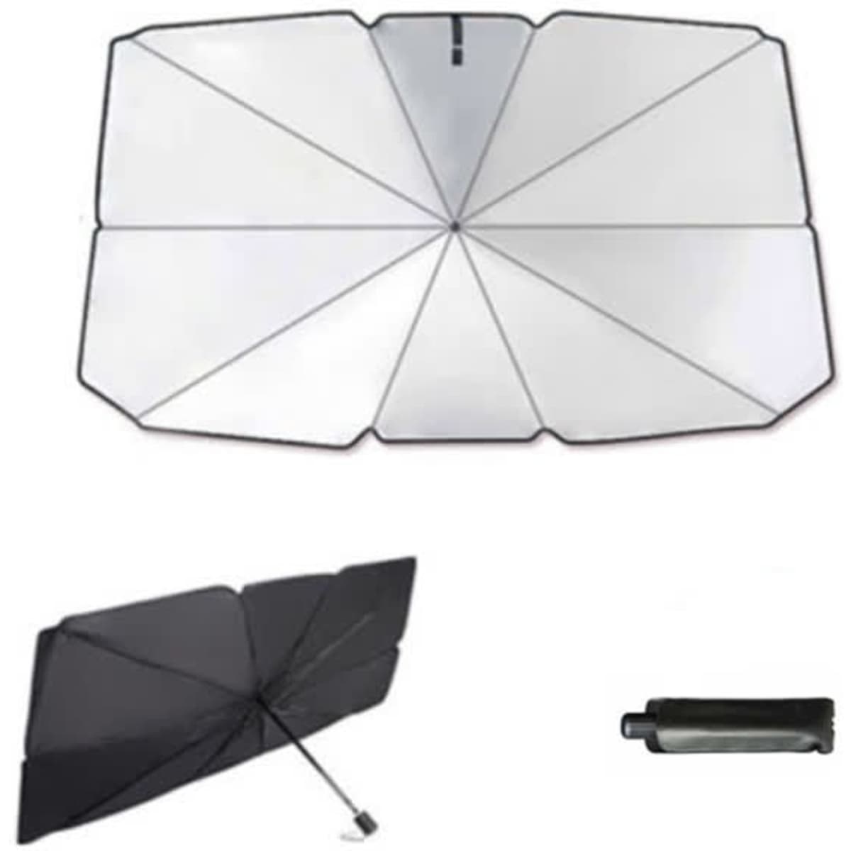 A foldable car sunshade umbrella in silver and black, featuring a compact storage design and a branding logo.