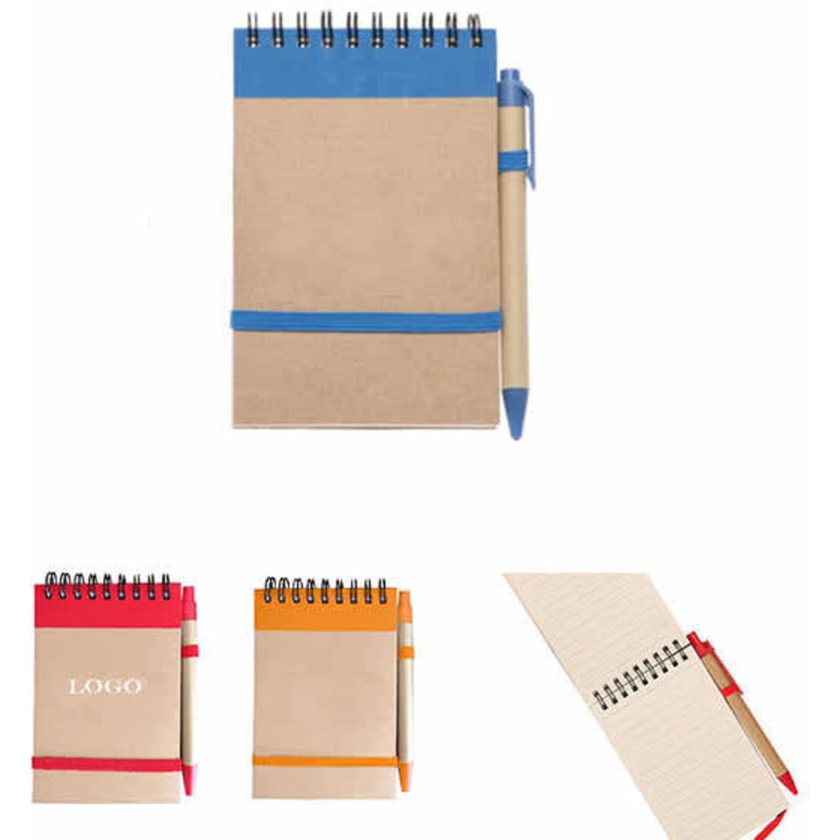 A spiral-bound notebook with a blue cover and matching pen, featuring an elastic band. Available in various colours.