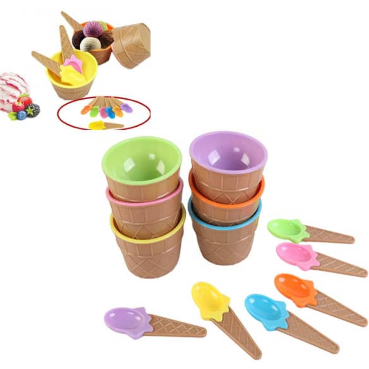 An ice cream bowl with spoon set featuring pastel-coloured bowls and variously coloured spoons, with a texture resembling ice cream cones.