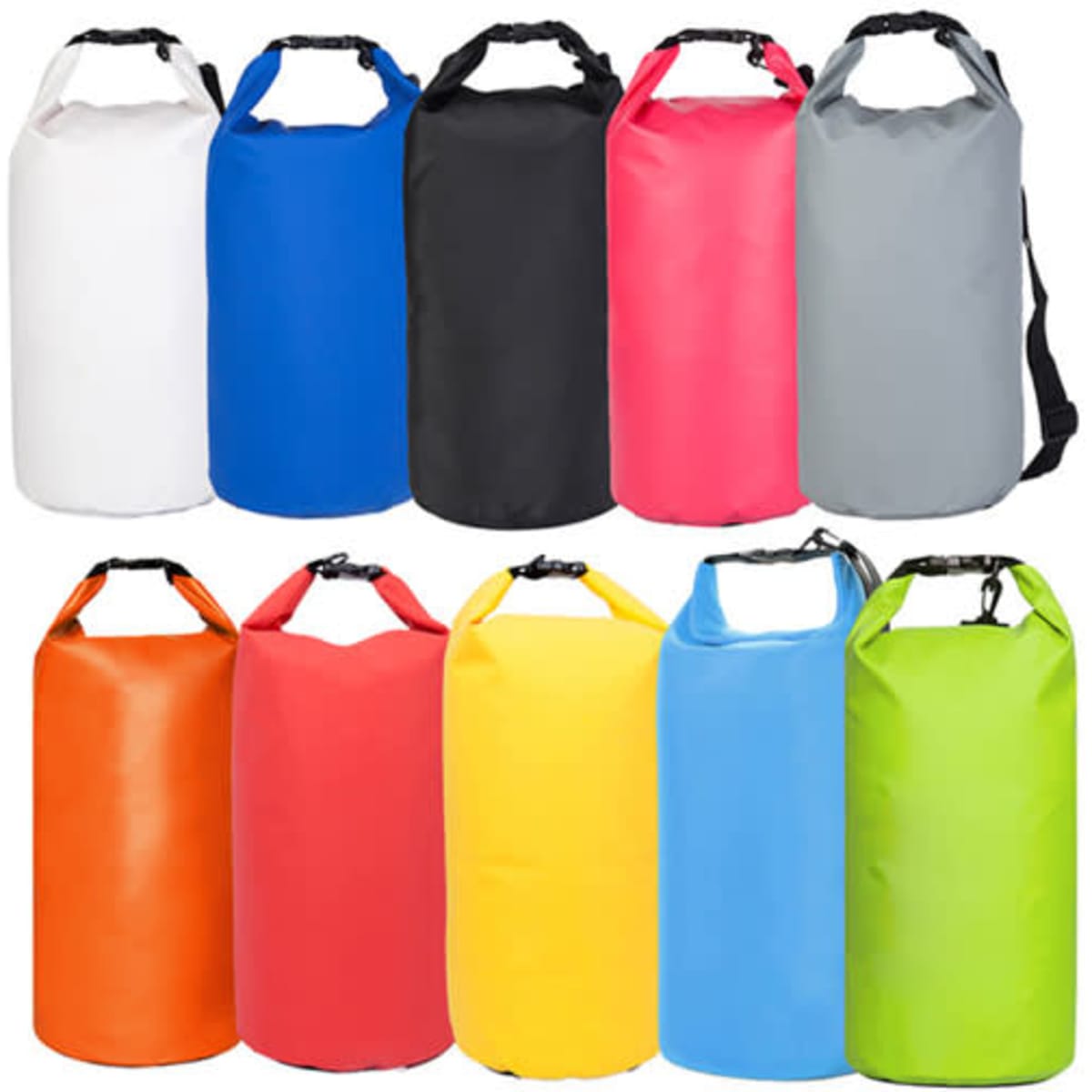 A variety of 10L waterproof dry bags in colours including white, blue, black, grey, red, orange, yellow, and green, with straps and logos.