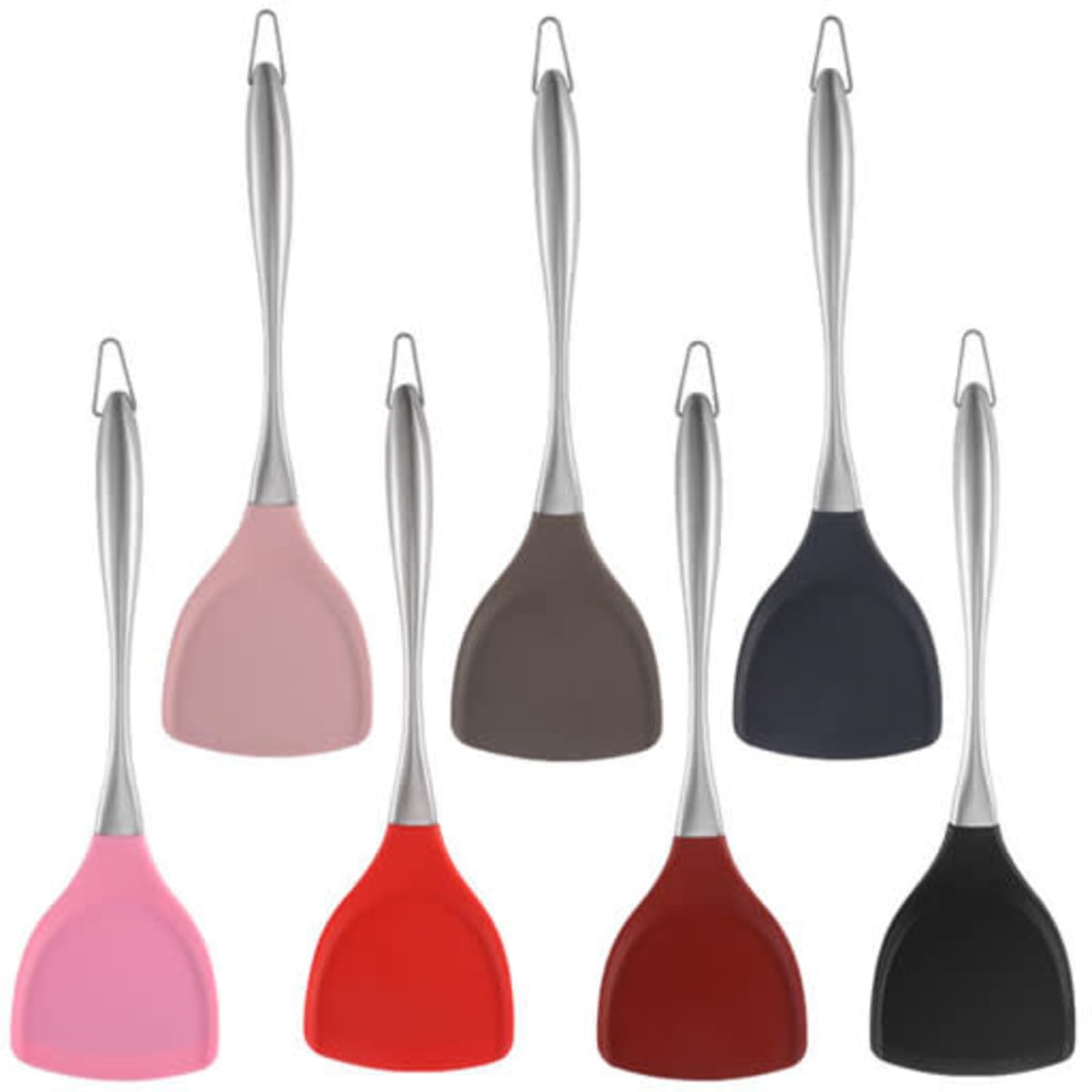 A collection of silicone spatulas with stainless steel handles in pink, grey, black, red, and dark red.