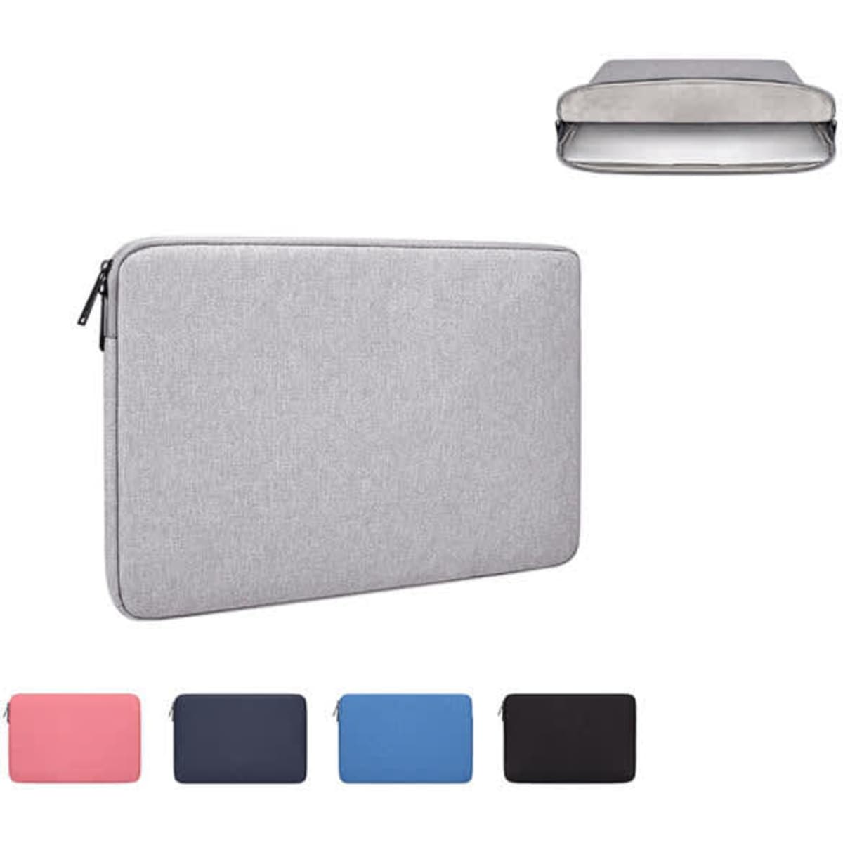 A grey waterproof laptop sleeve with a zip closure. Available in pink, navy, blue, and black. Features a logo.