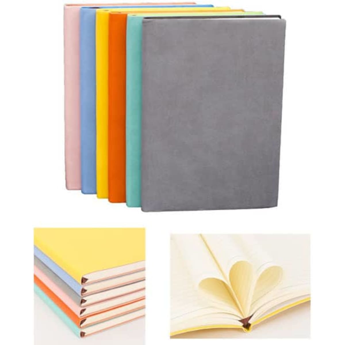 A stack of PU leather notebooks in various colours, including grey, pink, yellow, orange, and green, with lined pages.