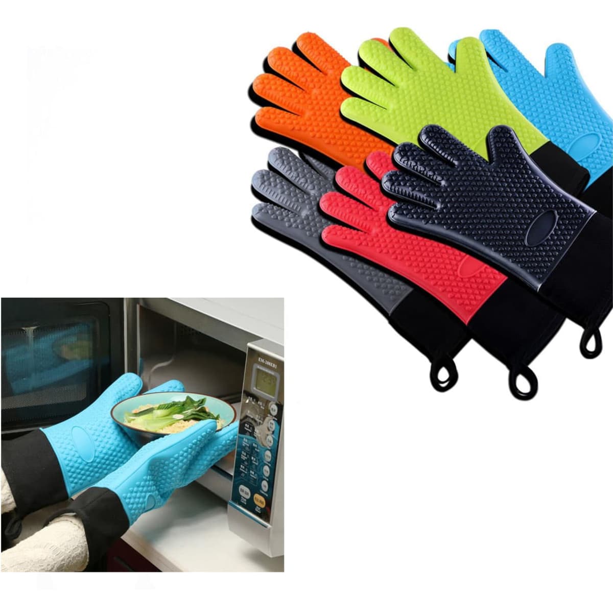 Heat insulated gloves in various colours including blue, orange, green, red, and black. Featuring a textured grip design.