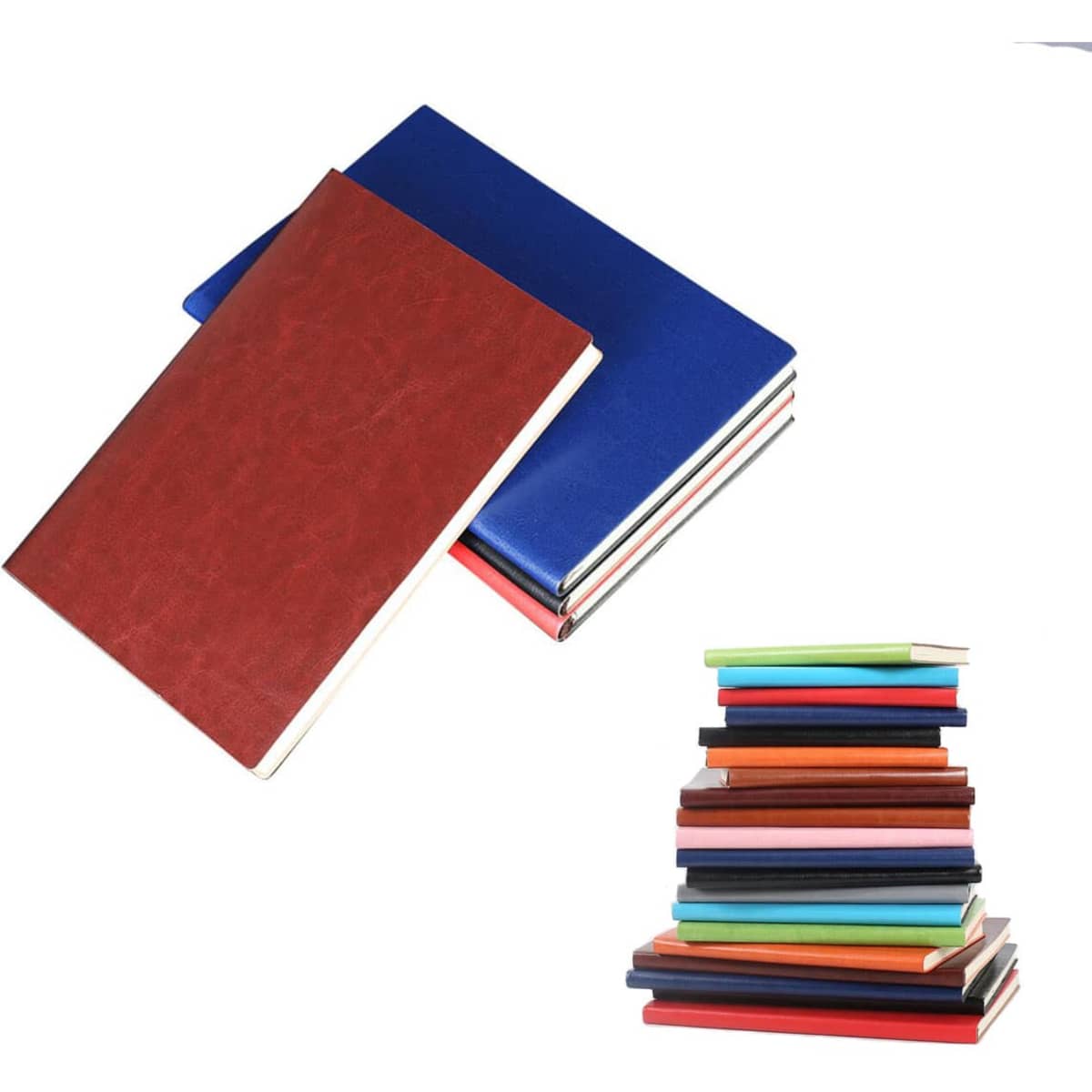 A set of notebooks in various colours, including red, blue, and multiple shades, stacked together with one notebook laying flat.