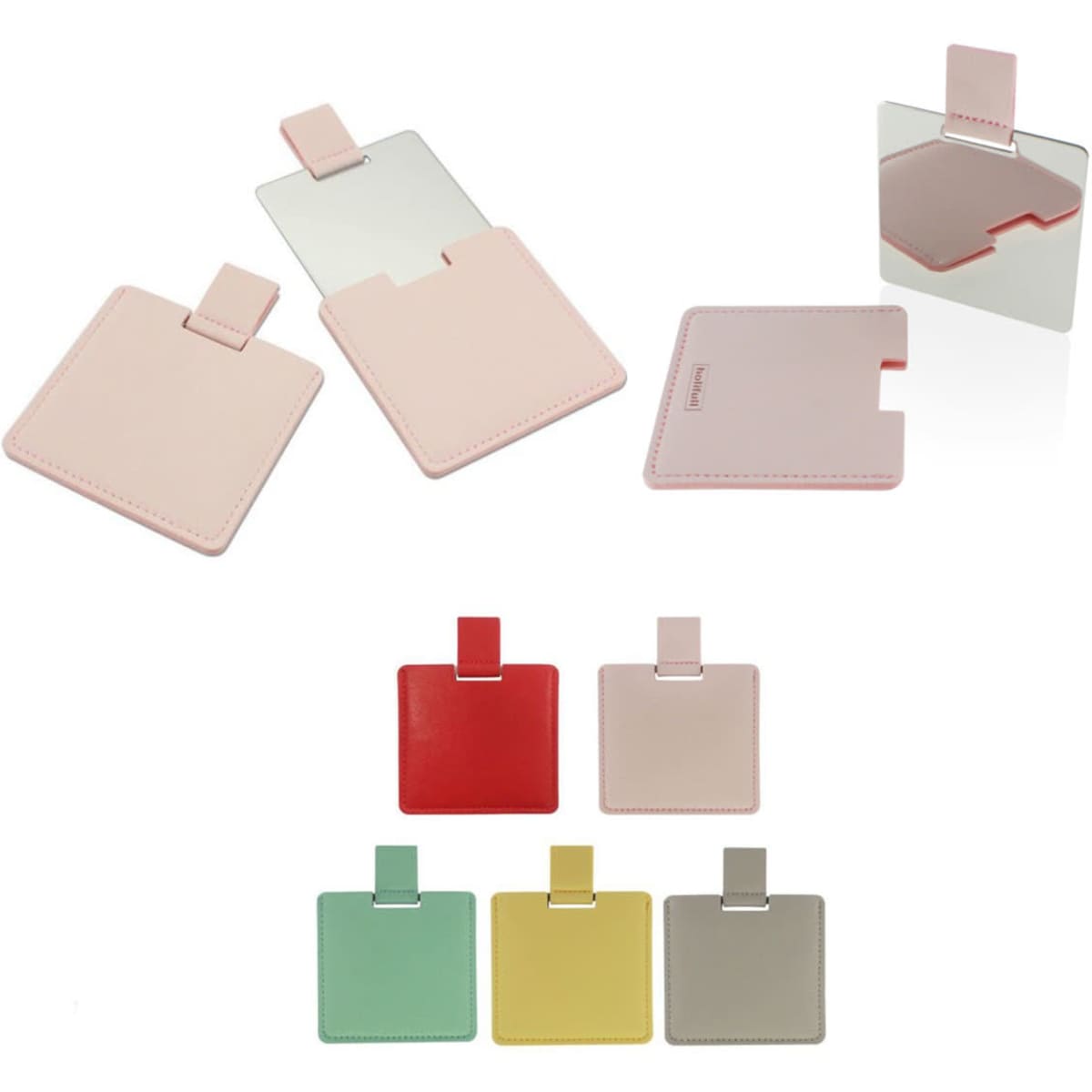 A portable makeup mirror in various colours: pink, red, beige, green, and yellow, featuring a sleek, compact design.