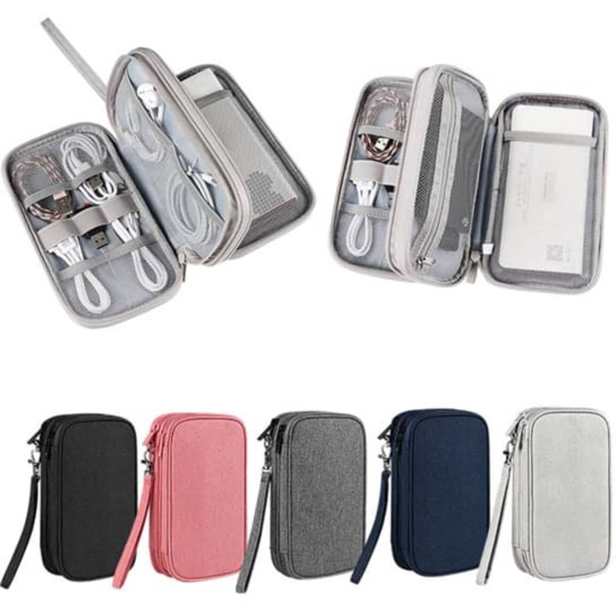 A grey, pink, black, and dark blue electronic accessory organiser bag with compartments for cables and chargers.