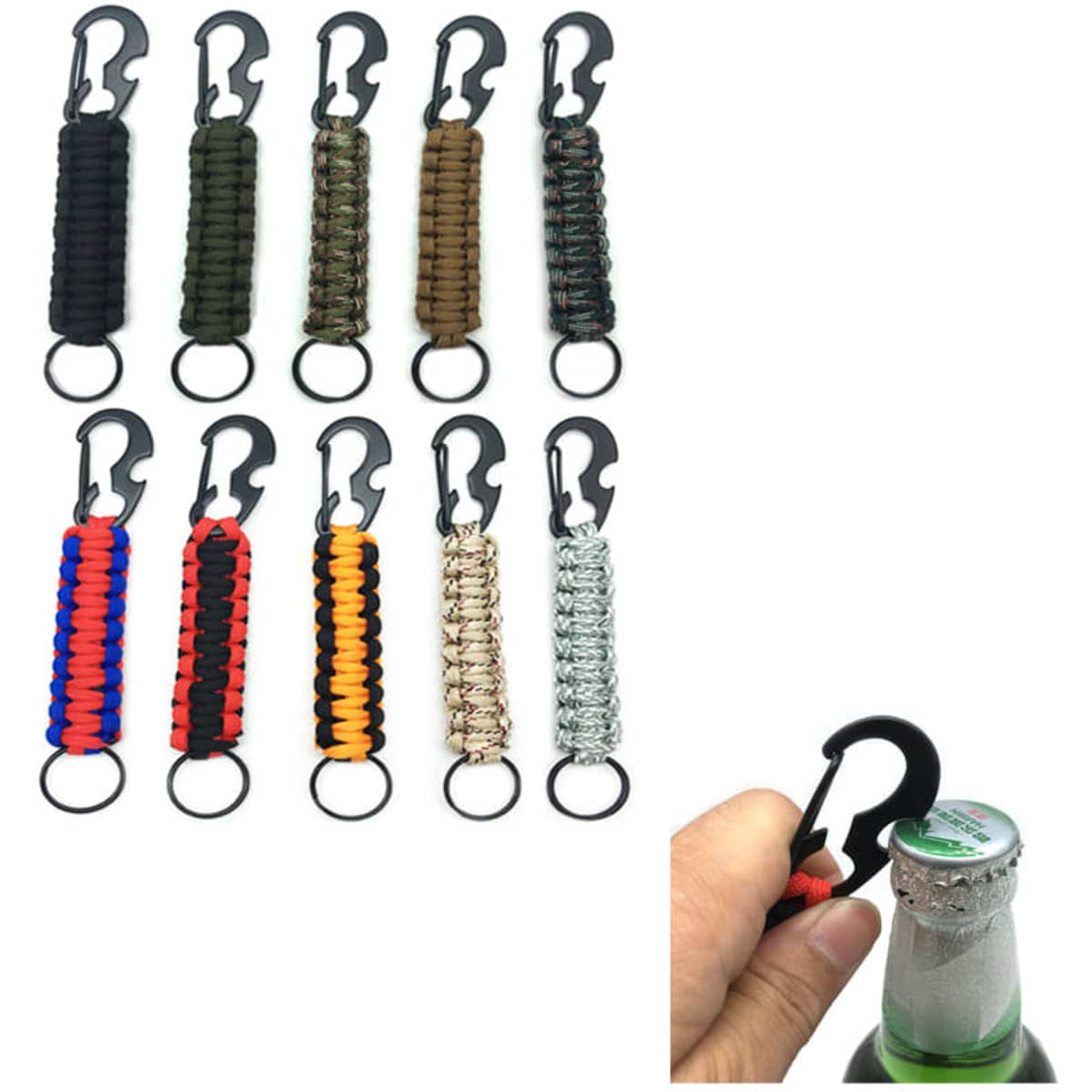 A collection of colourful paracord keychains with bottle openers, featuring various colours and designs.