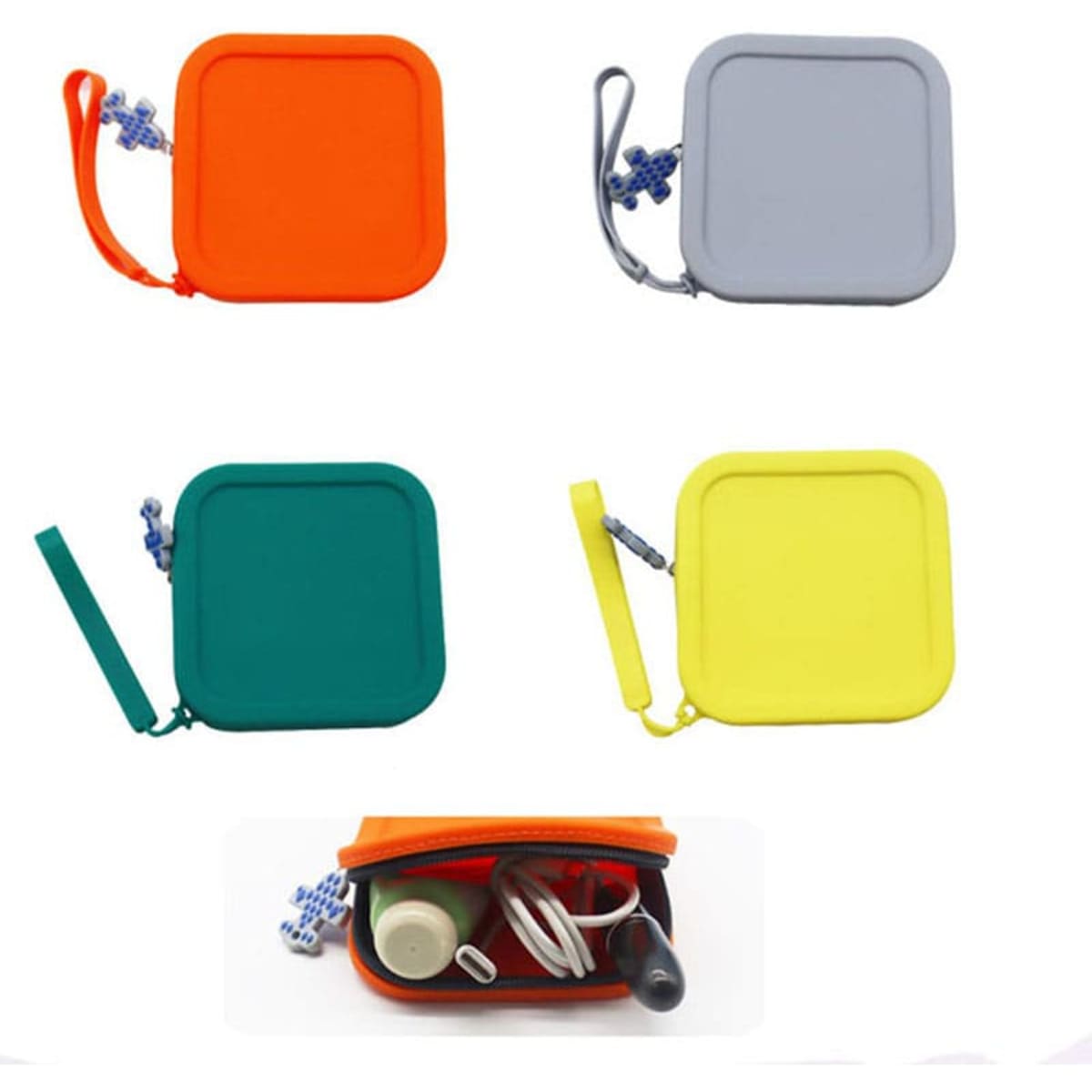 Four silicone travel bags displayed in orange, grey, green, and yellow, with one bag open showing cables inside.