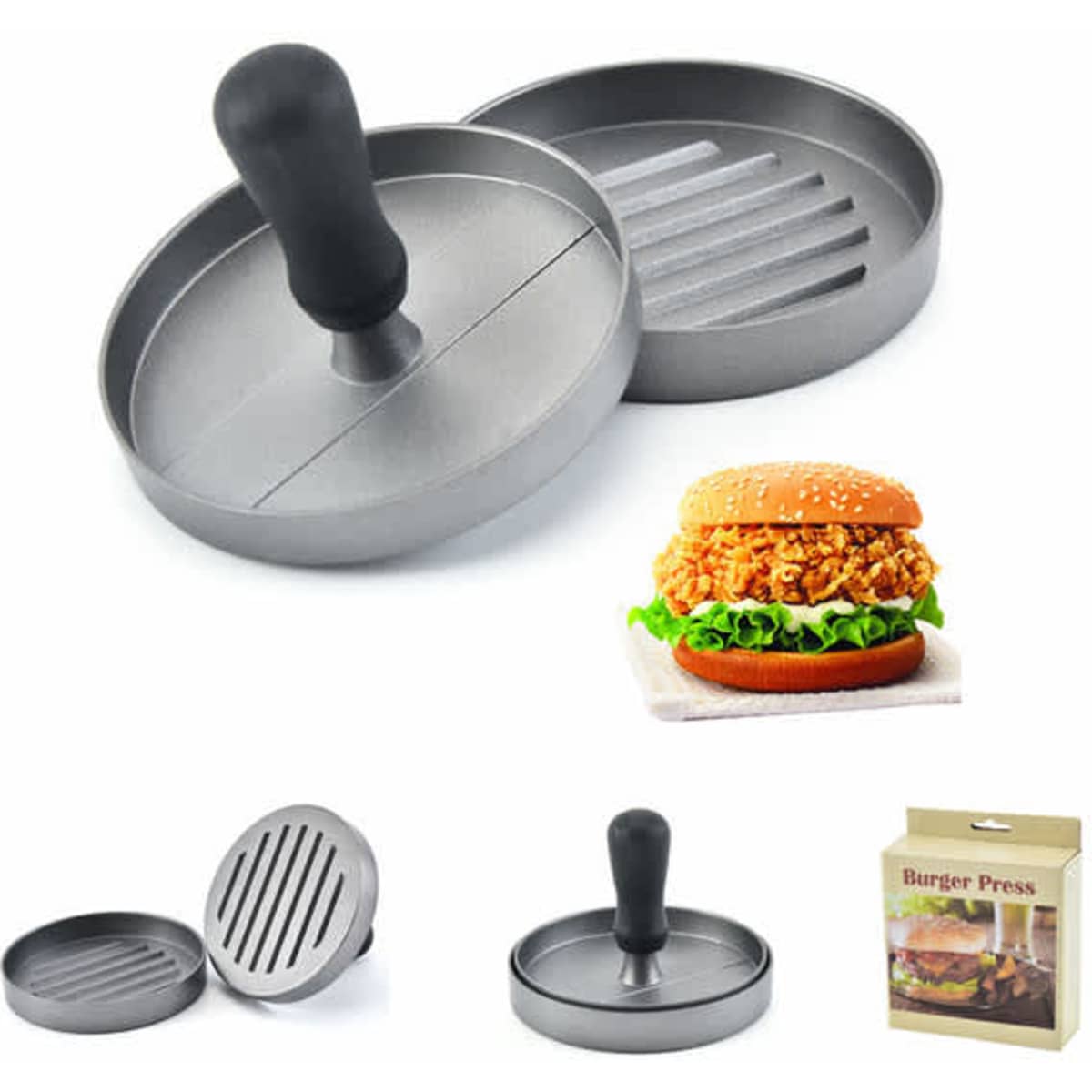 A grey hamburger patty press maker with a handle, featuring two pieces: a flat base and a textured press.