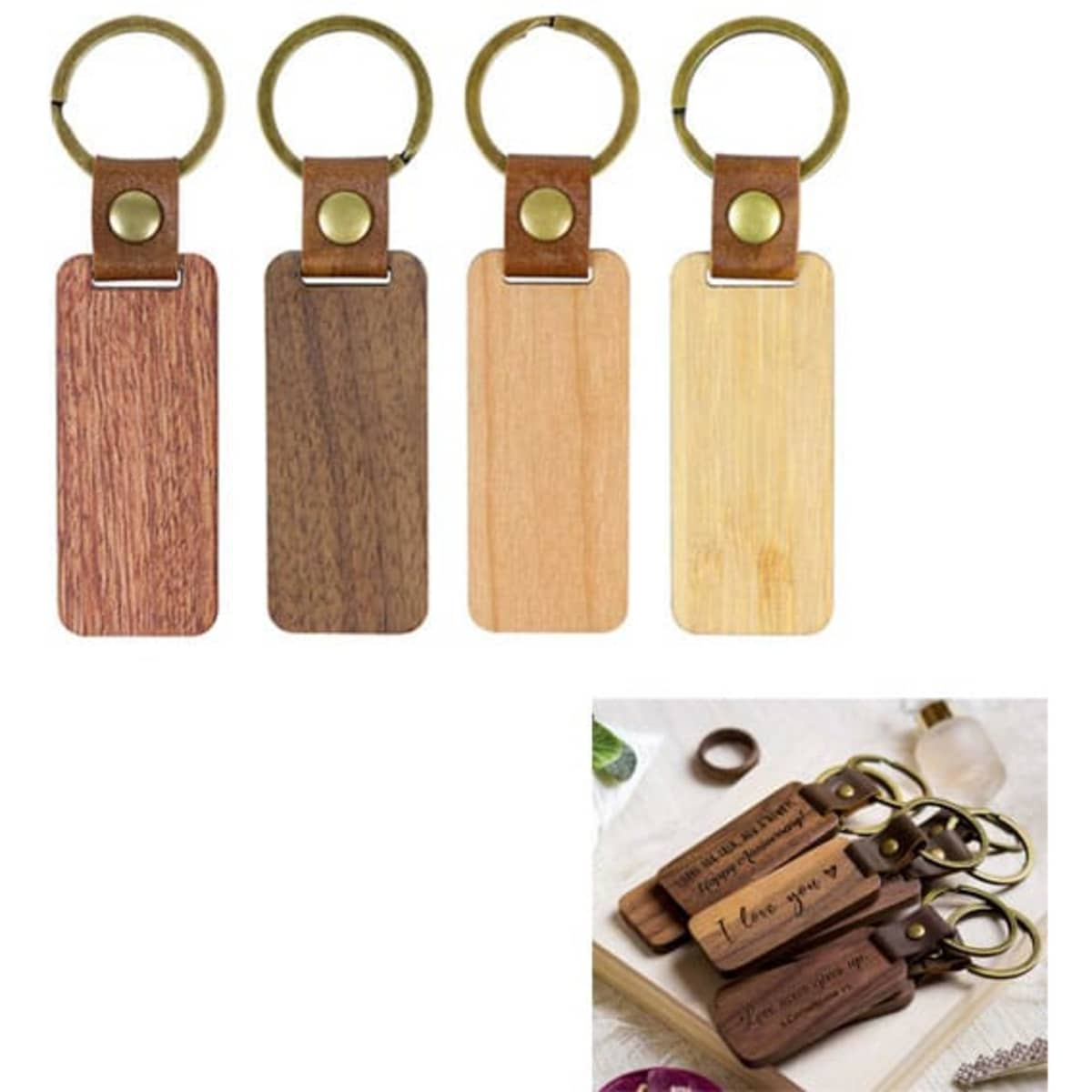 Four wooden keychains with leather straps in various tones: dark brown, light brown, light wood, and bamboo. Each features a metal keyring.