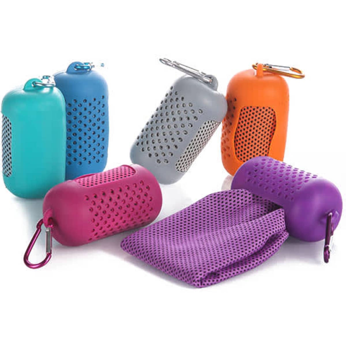 A set of six silicone cases in various colours with a matching cooling towel in purple, featuring a carabiner clip.