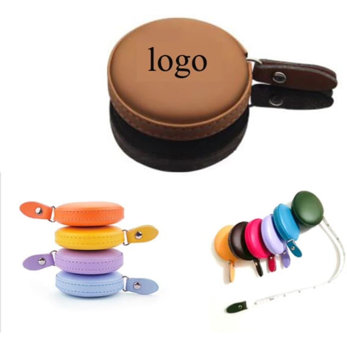 A brown PU mini tape measure with a leather-like handle and multiple colourful tape measure options in the background.
