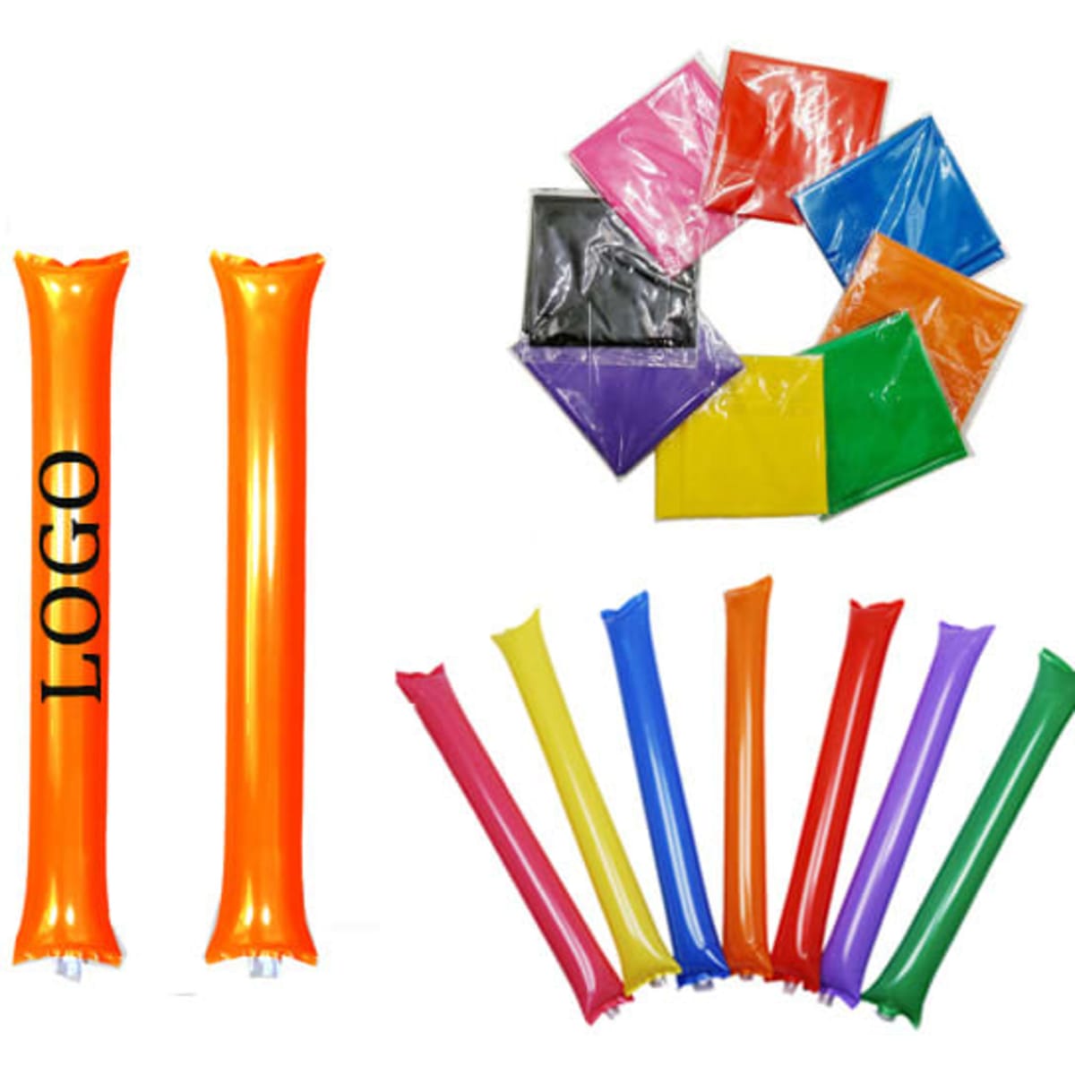 Two orange inflatable thundersticks with a logo, surrounded by a variety of colourful promotional items in different shades.