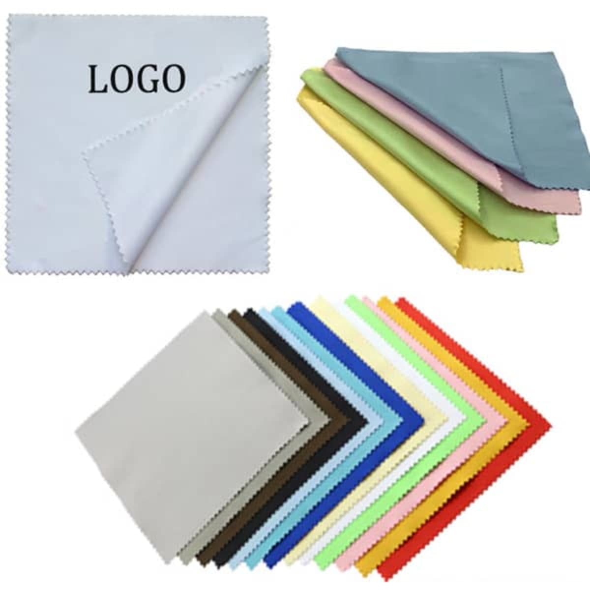 A collection of 4 x 4 inch microfiber cloths in various colours, featuring a logo on one cloth.