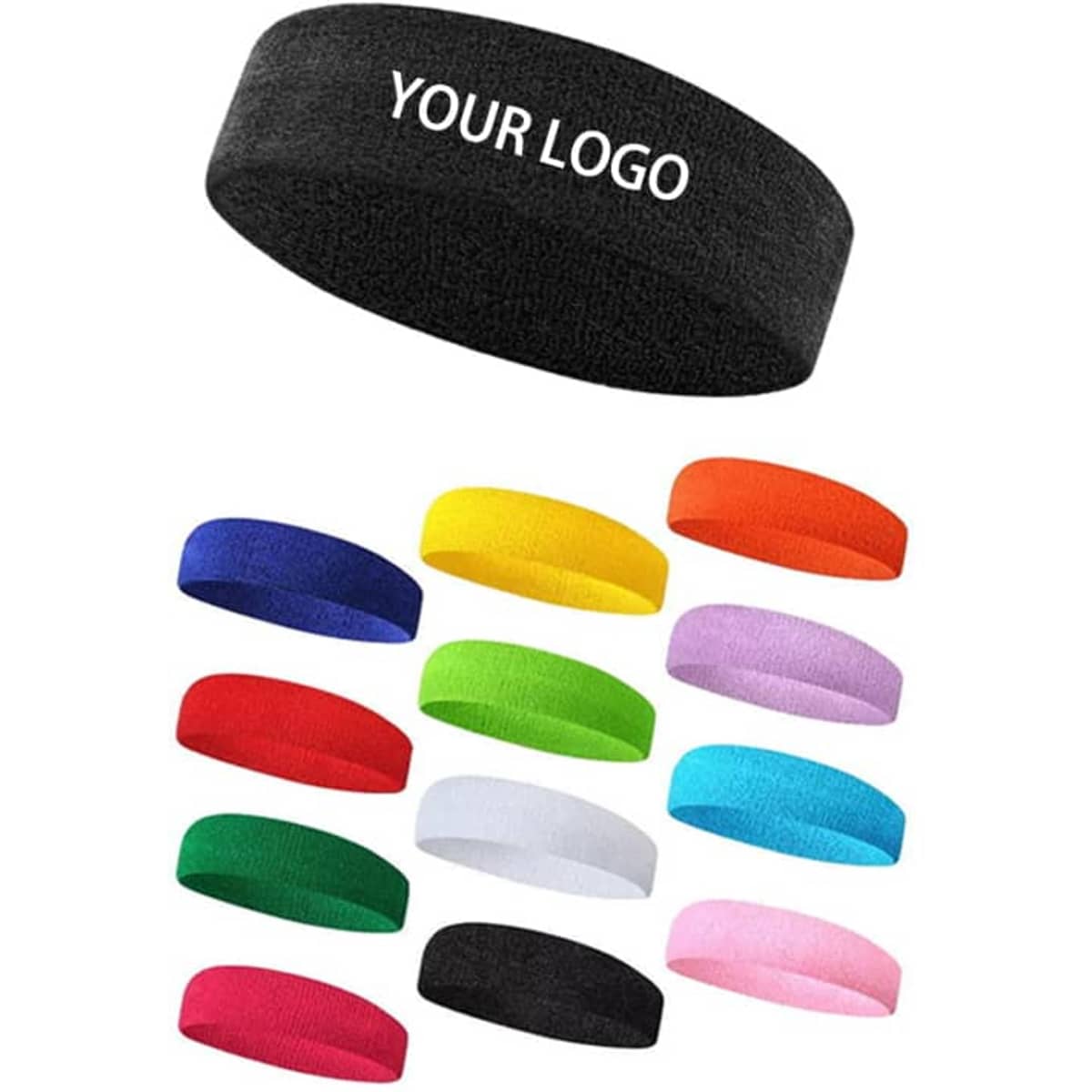 A collection of cotton headbands in various colours, including black, blue, red, green, and yellow, featuring a logo.