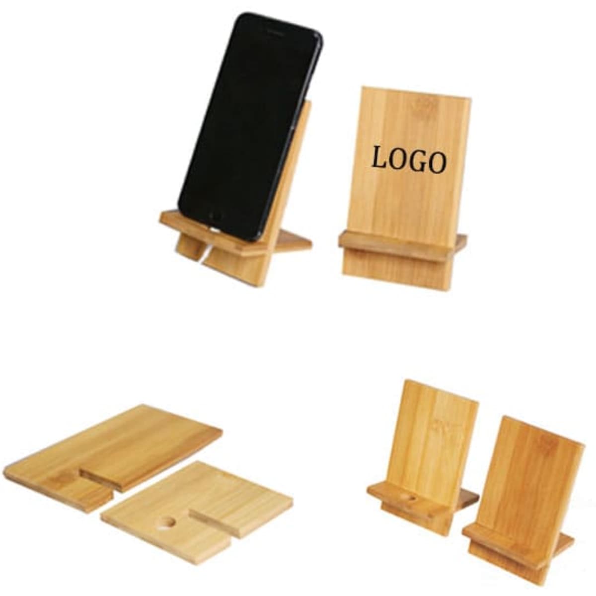 A bamboo phone stand in a natural wood finish, featuring a logo, with a phone displayed on one of the stands.