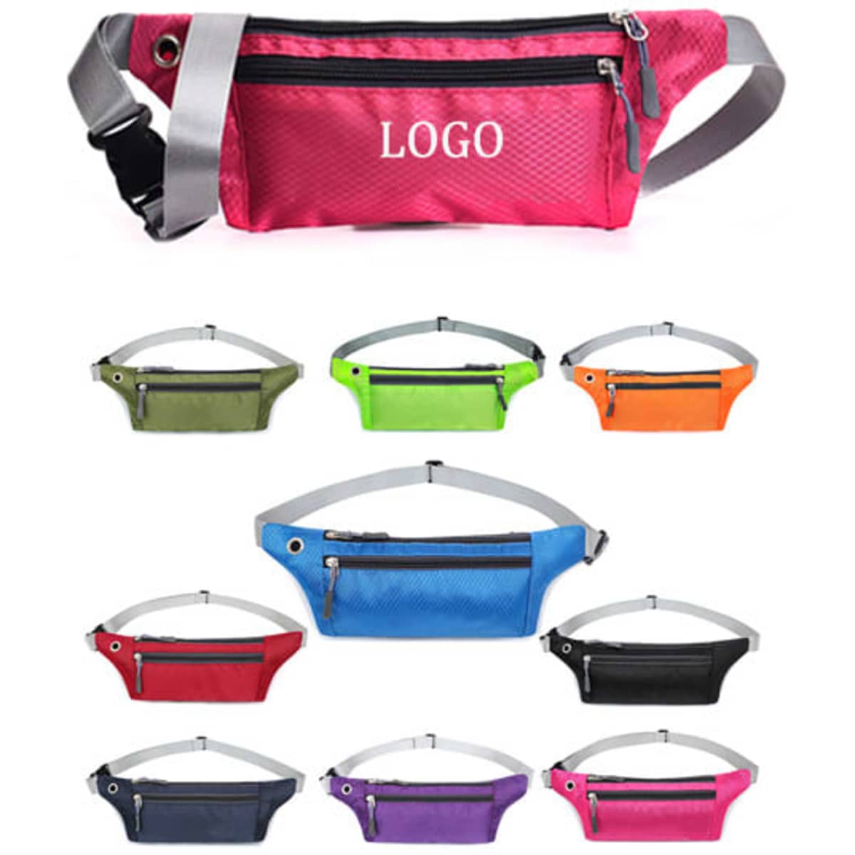 A waterproof running waist pack in various colours, featuring a front zippered pocket and an adjustable strap. Includes a logo.