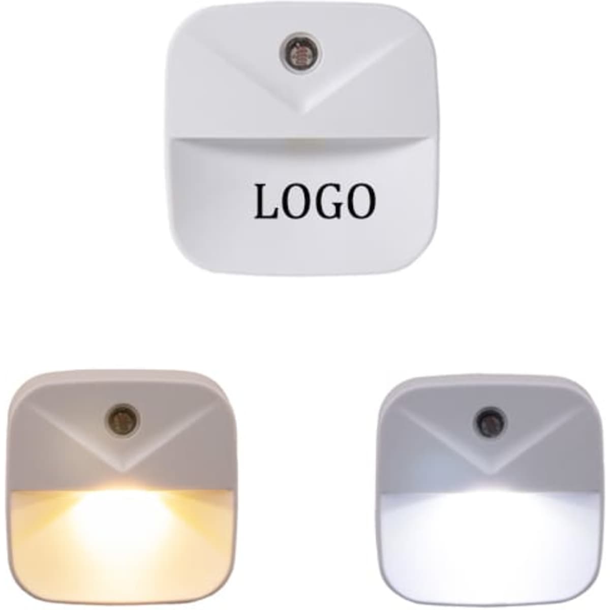 A LED smart sensor light featuring a white frame, with three light settings: warm white, cool white, and brightness variations.